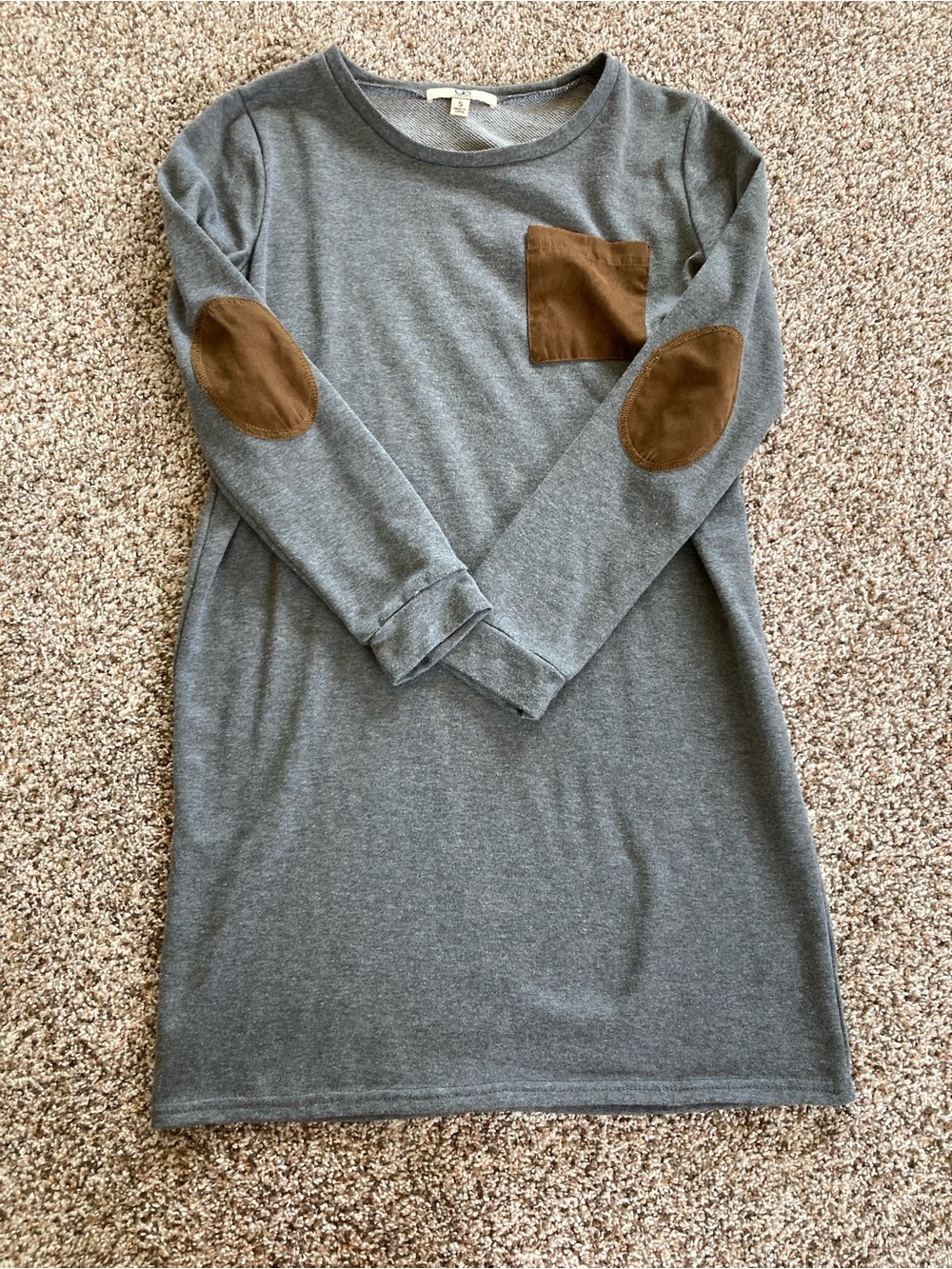 Gray Sweatshirt Dress with Brown Elbow Patches & Pocket